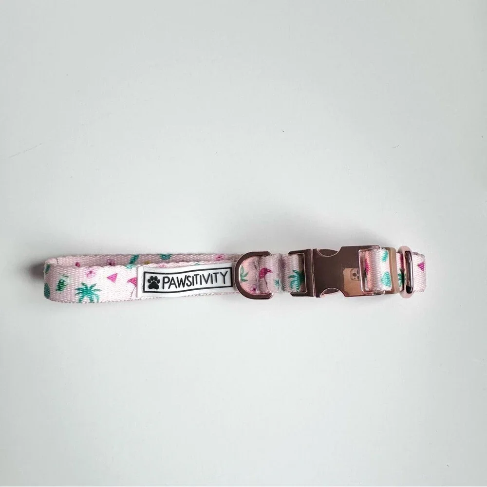 Pawsitivity Pink Pet Collar with Palm Trees Flamingos Rose Gold Clasp